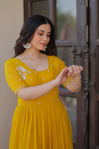 Yellow Color Beads Work Flattering Gown