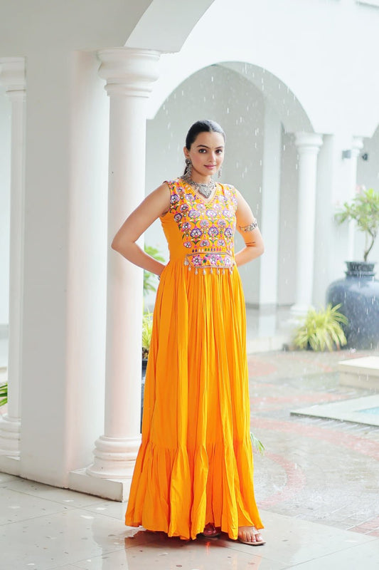 Navratri Special Thread With Mirror Work Yellow Gown