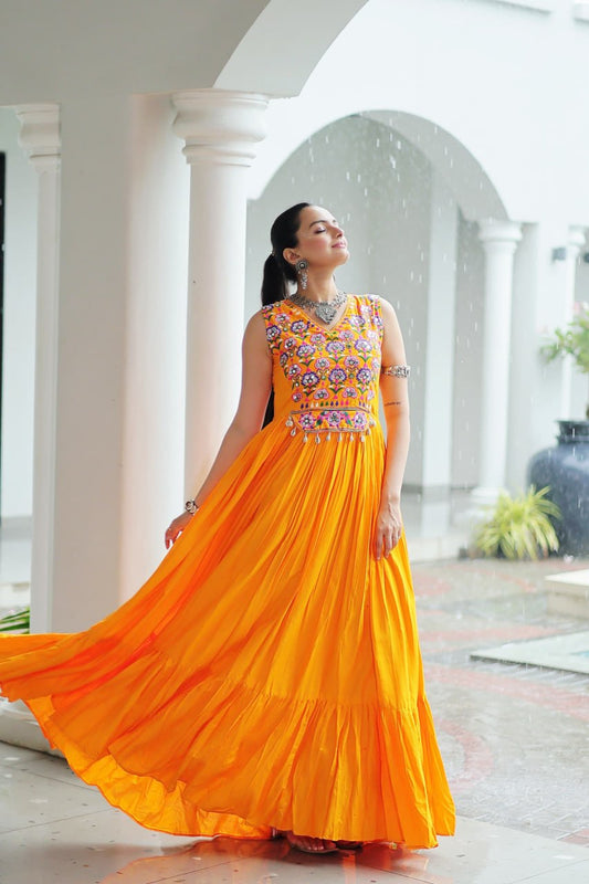 Navratri Special Thread With Mirror Work Yellow Gown