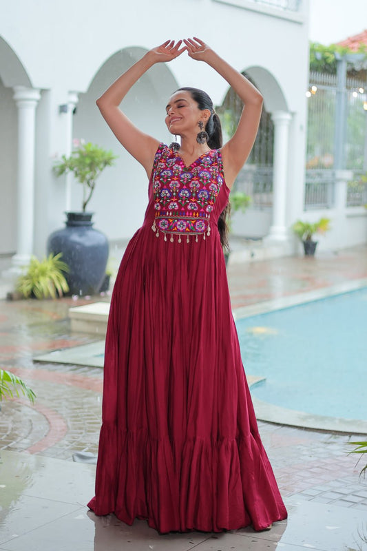 Navratri Special Thread With Mirror Work Maroon Gown