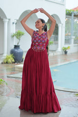 Navratri Special Thread With Mirror Work Maroon Gown
