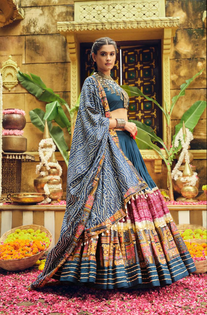 Designer Teal Blue Rayon With Foil Print Lehenga Choli