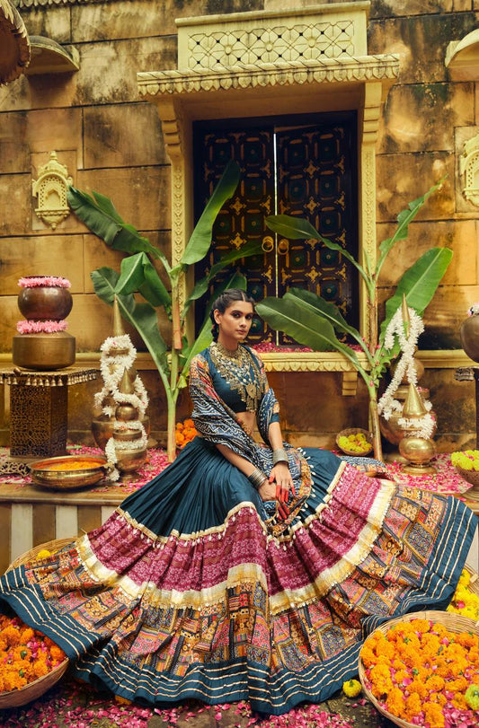 Designer Teal Blue Rayon With Foil Print Lehenga Choli