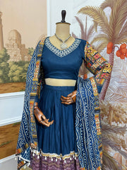 Designer Teal Blue Rayon With Foil Print Lehenga Choli