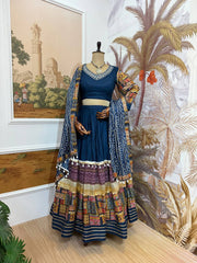 Designer Teal Blue Rayon With Foil Print Lehenga Choli