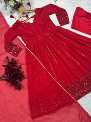 Embroidery Work Red Color Presenting Anarkali Gown