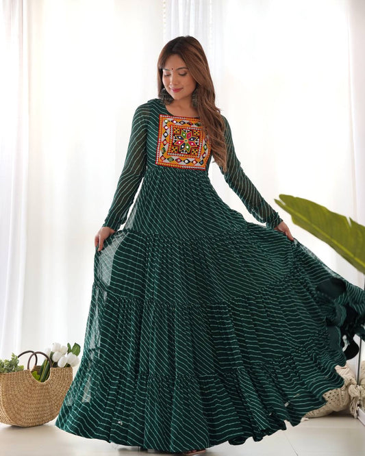 Bottle Green Color Georgette Laheriya Print Navratri Gown