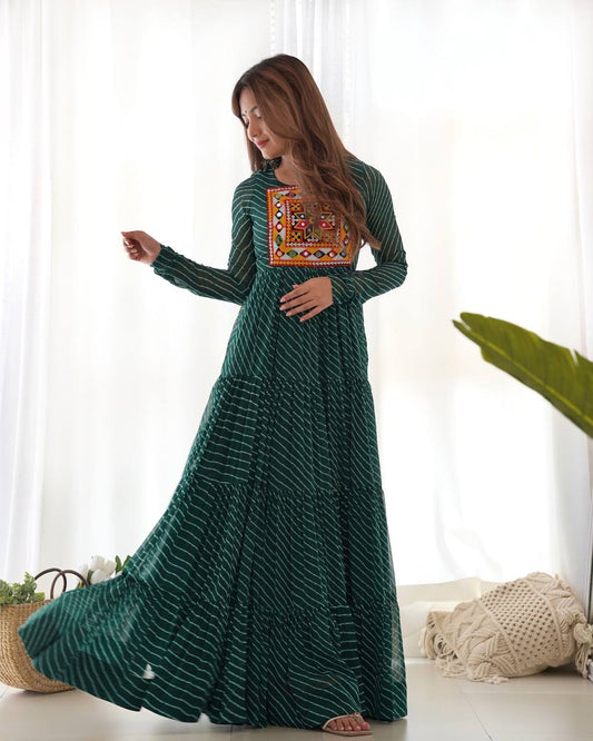 Bottle Green Color Georgette Laheriya Print Navratri Gown