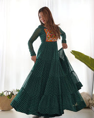 Bottle Green Color Georgette Laheriya Print Navratri Gown