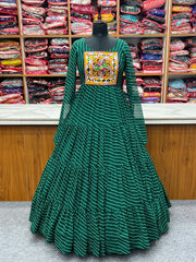 Bottle Green Color Georgette Laheriya Print Navratri Gown