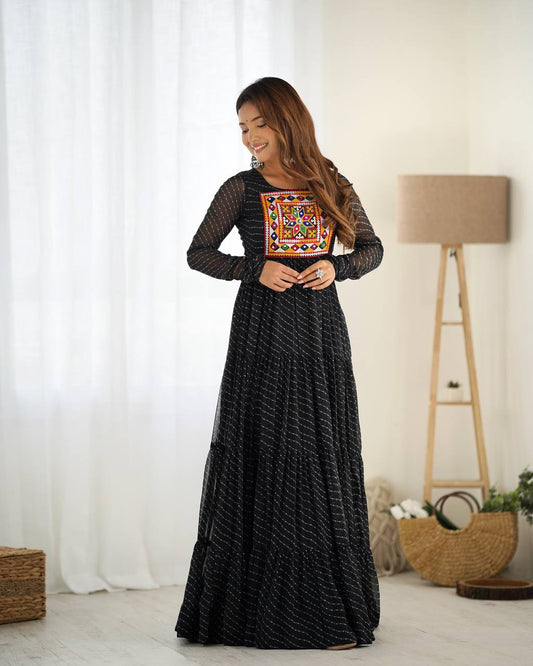 Black Color Georgette Laheriya Print Navratri Gown