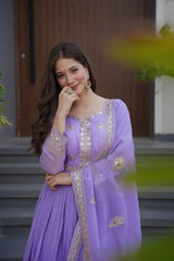 Ravishing Lavender Silk Embroidery Work Gown