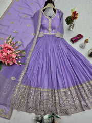 Ravishing Lavender Silk Embroidery Work Gown