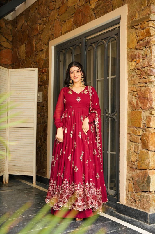 Faux Georgette Embroidered Red Color Ravishing Gown