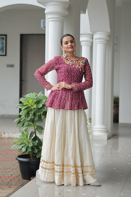 Gamthi Patch Work Red Color Top With Lehenga For Navratri