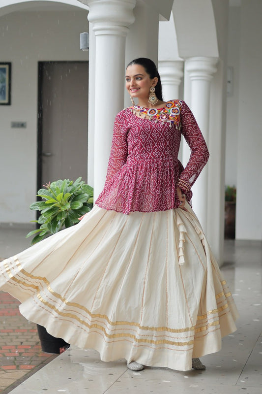 Gamthi Patch Work Red Color Top With Lehenga For Navratri