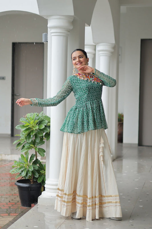 Gamthi Patch Work Green Color Top With Lehenga For Navratri
