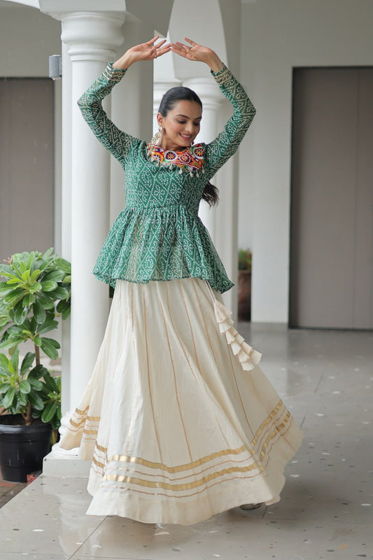 Gamthi Patch Work Green Color Top With Lehenga For Navratri