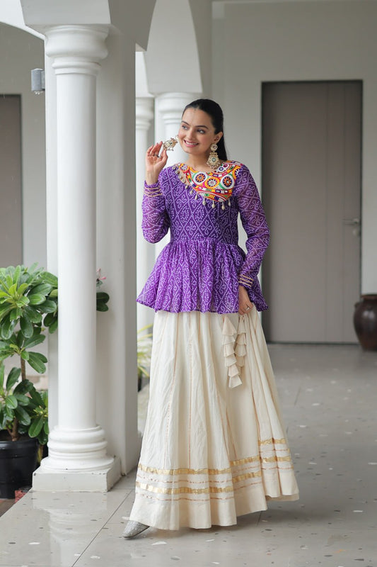 Gamthi Patch Work Purple Color Top With Lehenga For Navratri