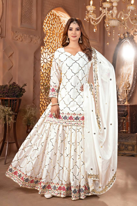 Trendy Georgette Sequence Work Heavy White Color Sharara Suit