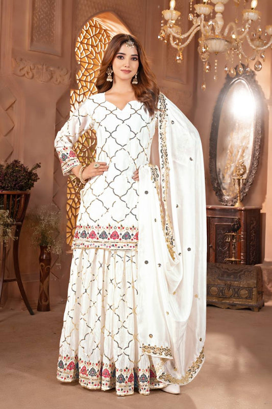 Trendy Georgette Sequence Work Heavy White Color Sharara Suit