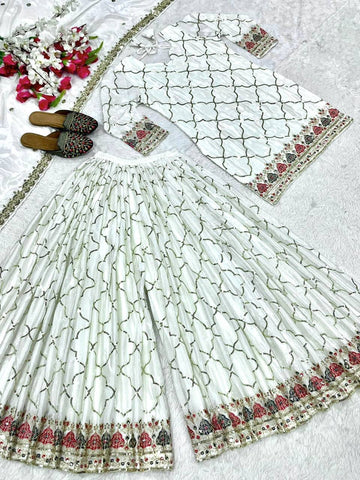 Trendy Georgette Sequence Work Heavy White Color Sharara Suit