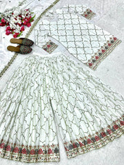 Trendy Georgette Sequence Work Heavy White Color Sharara Suit