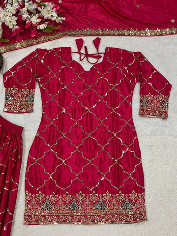 Trendy Georgette Sequence Work Heavy Pink Color Sharara Suit