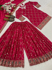 Trendy Georgette Sequence Work Heavy Pink Color Sharara Suit