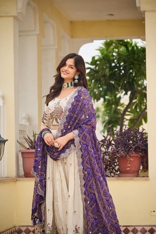Multi Thread Work White Color Lehenga Choli With Purple Dupatta