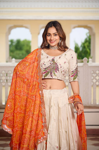 Multi Thread Work White Color Lehenga Choli With Orange Dupatta