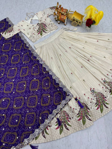Multi Thread Work White Color Lehenga Choli With Purple Dupatta