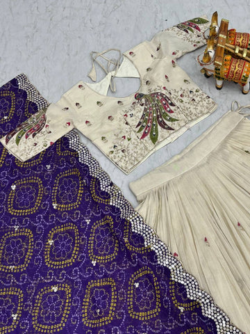 Multi Thread Work White Color Lehenga Choli With Purple Dupatta