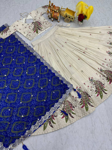 Multi Thread Work White Color Lehenga Choli With Blue Dupatta