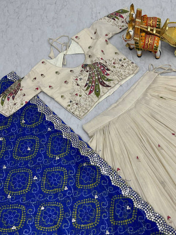 Multi Thread Work White Color Lehenga Choli With Blue Dupatta