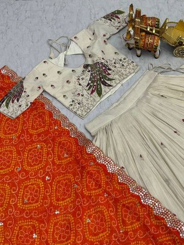 Multi Thread Work White Color Lehenga Choli With Orange Dupatta