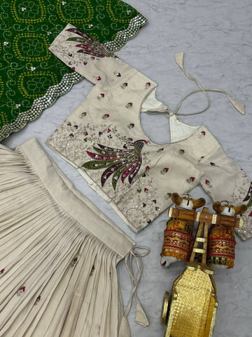 Multi Thread Work White Color Lehenga Choli With Green Dupatta