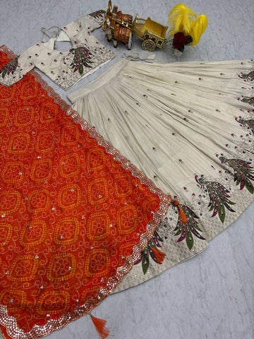 Multi Thread Work White Color Lehenga Choli With Orange Dupatta