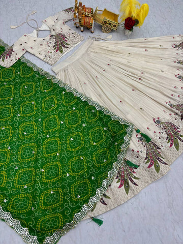 Multi Thread Work White Color Lehenga Choli With Green Dupatta