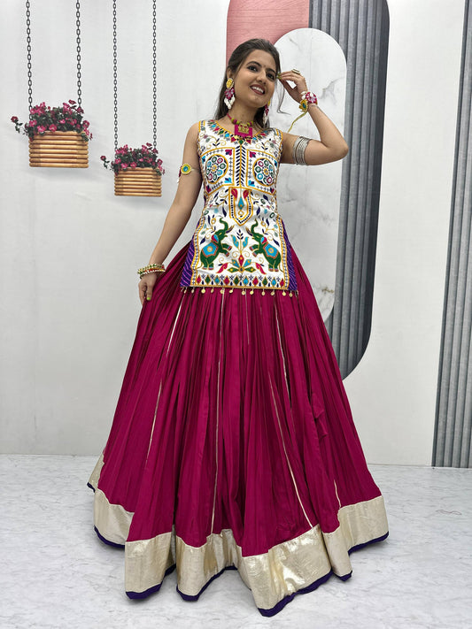Navratri Special Gamthi With Mirror Work Wine Color Lehenga Choli