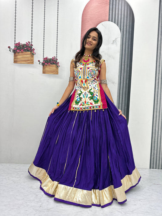Navratri Special Gamthi With Mirror Work Purple Color Lehenga Choli
