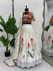 Digital Printed White Color Semi-Stitch Lehenga Choli