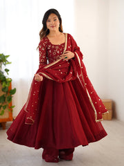 Glorious Red Silk Embroidery Work Gown