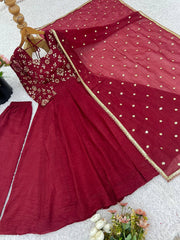 Glorious Red Silk Embroidery Work Gown