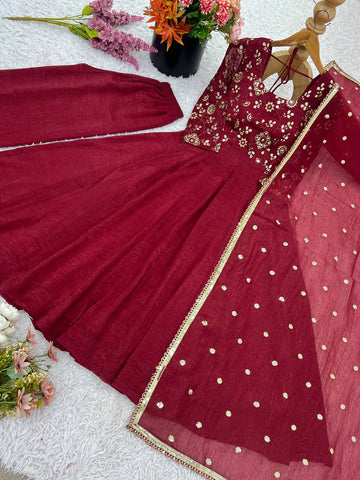 Glorious Red Silk Embroidery Work Gown
