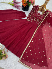 Glorious Red Silk Embroidery Work Gown