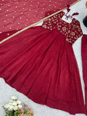 Glorious Red Silk Embroidery Work Gown