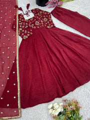 Glorious Red Silk Embroidery Work Gown