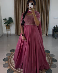 Pink Color Faux Georgette Flattering Long Gown