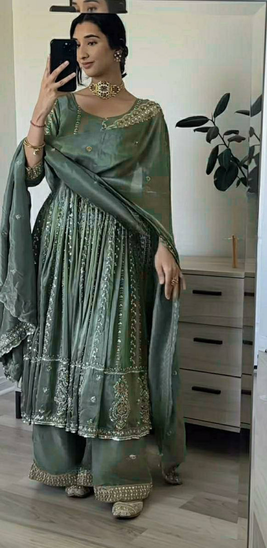 Sequence With Embroidered Teal Green Color Anrkali Suit